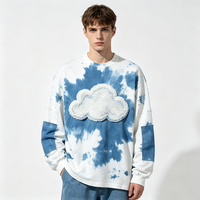 T-shirt à manches longues déchiré effet vieilli avec logo brodé en spirale, poignets en jean, délavé dégradé, coupe oversize, style streetwear
