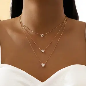 Multi-layer pentacle star love Water diamond drop Pendant Necklace rhinestone layered necklace