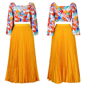 ชุดเซ็ต 2 ชิ้น เสื้อคอวีพิมพ์ลาย กระโปรงยาวจีบ สำหรับผู้หญิงแอฟริกัน แฟชั่น - Product Image 3