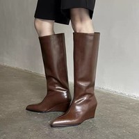 Bottes hautes à bout pointu pour femmes, talon compensé, fermeture éclair latérale, bottes hautes en cuir à la mode, 2 couleurs