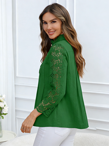 เสื้อชีฟองสีเขียวสำหรับผู้หญิงไซส์ใหญ่ คอทรงโอ กระดุมมุก ทรงหลวม สไตล์ลำลอง ผ้าลูกไม้ แขนยาว - Product Image 3