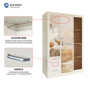 Armoire de chambre en acier laminé à froid, 3 portes battantes, demi-miroir, 2 tiroirs, verre café, anti-humidité, anti-termite, rangement - Product Image 4