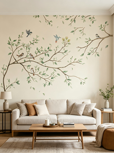 <span class=keywords><strong>Papier</strong></span> <span class=keywords><strong>peint</strong></span> personnalisé en aquarelle avec feuilles vertes et oiseaux, motif minimaliste de branche d'arbre, pour salon, chambre, chambre d'enfant, décoration murale de la maison - Product Image 2