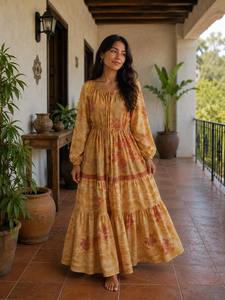 Vestido Maxi de Mujer Talla Única para Otoño/Verano, con Mangas Farol, Estampado Floral, Cuello en V, Corte Regular, Ecológico, de Crepé de Seda, Estilo Vintage - Product Image 1