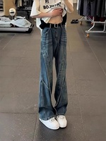 Celana Jeans Denim Cetak Katun 100% Bernapas Gaya Vintage Amerika, Model Hip Hop, Longgar, Kaki Lebar, Musim Panas Musim Dingin, ODM