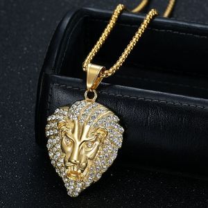Collier pendentif tête de lion en acier inoxydable plaqué or avec cristaux sertis pavé, bijou unisexe, cadeau - Product Image 2