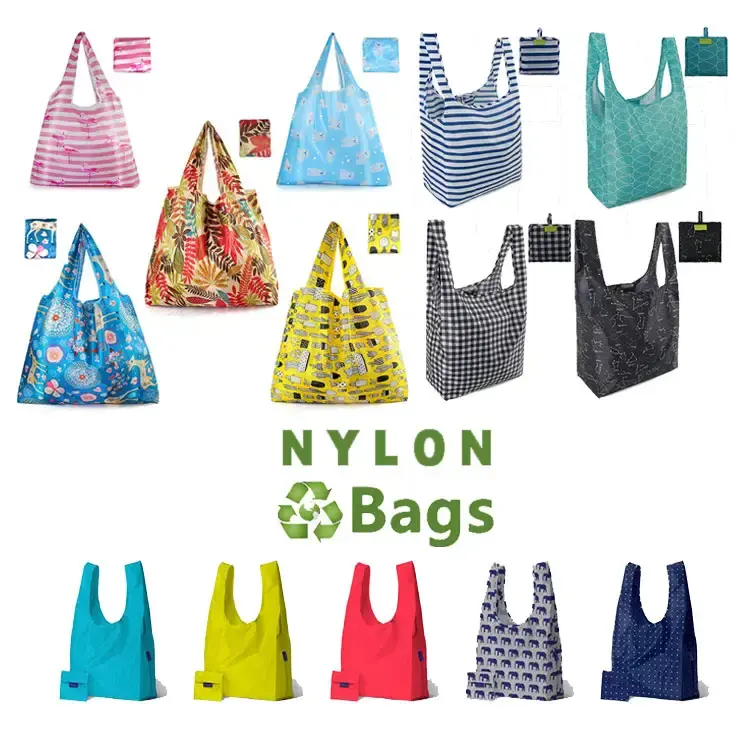 Bolso de compras de nailon plegable Ripstop ecológico personalizado, bolso de compras de poliéster plegable reutilizable con bolsillo