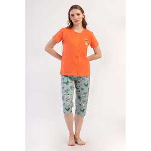 Damen Zweiteiler-Set mit Kurzarm-Oberteil und Caprihose, Durchgehend Geknöpftes Design - Product Image 4