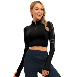 Custom Women's Breathable Plus Size <b>Cropped</b> Yoga Tank Top 1/4 Zip Pullover Slim Fit Long Sleeve Sportswear - Product Image 5