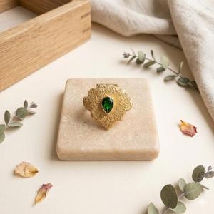 Large Gold Flower <b>Statement</b> <b>Ring</b> - Emerald Green Center Floral - Indian Style Boho Cocktail - Product Image 1