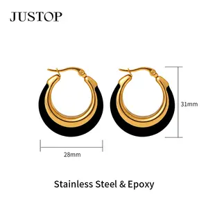 2024 mode Vintage bijoux 28mm * 30mm acier inoxydable boucles d'oreilles 2 couleurs noir blanc émail boucles d'oreilles pour les femmes