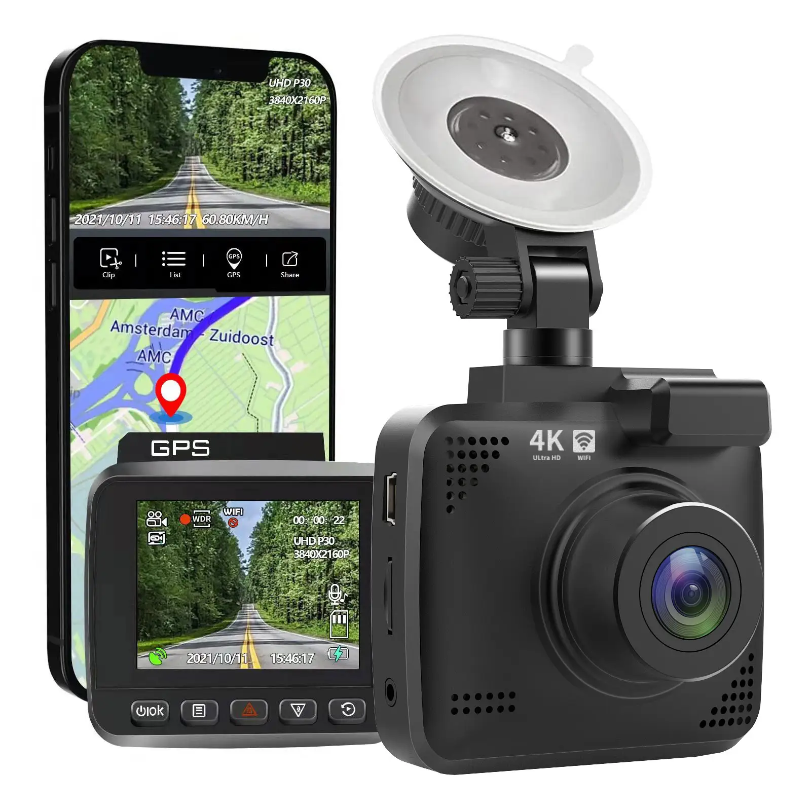 AOEDI AD353 Mini 4K Wifi GPS Dual Lens Dashcam Front and Rear Car Camera Dash Cam