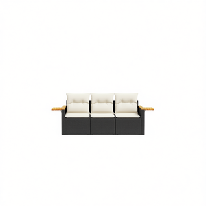 Ensemble de canapés de jardin en rotin blanc crème et noir, 3 places, mobilier d'extérieur, design contemporain, accoudoirs en teck - Product Image 1