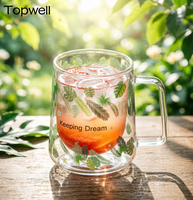 Tasse à café en verre à double paroi TOPWELL 330 ml, design moderne, résistante à la chaleur, motif feuille transparent, fabriquée en Chine