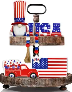 Pafu 4th of July Home Tiered Tray Decorations Party Wooden Decor Bead Garland Plush Gnome Stars and Stripes Wooden Signs