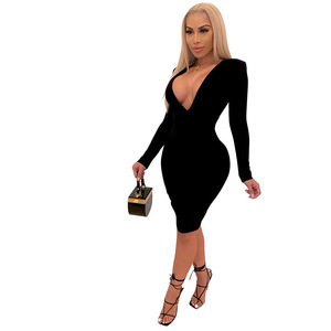 Vestido de Mujer Ajustado de <span class=keywords><strong>Manga</strong></span> Larga con Cuello en V y Cintura Nueva de Primavera de 2022 - Product Image 5