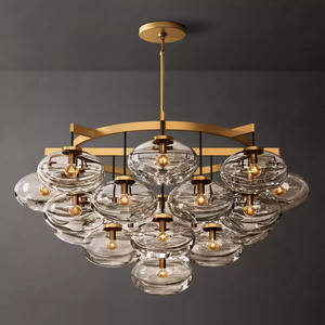 Lustre industriel rond en verre soufflé à la main, cadre métallique rétro, abat-jour ovale en verre transparent, lustre américain pour salle à manger et salon - Product Image 1