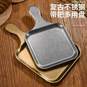 Retro Stainless Steel Square <b>Tray</b> With Handle Multi Purpose Serving Plate For Hotel Coffee <b>Tea</b> Snacks - Product Image 1