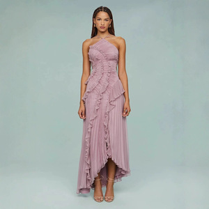 strapless open back dress Chic V Neck Asymmetrical Hem Ruffles Sleeve Pleated Chiffon Wedding Gu – LD  Dress main image 1