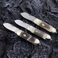 Couteau de poche pliant double trapper en acier Damas personnalisable OEM, pour la survie, la chasse et le camping, avec design en os de bœuf