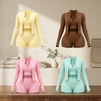Ensemble de yoga 3 pièces respirant pour femme avec logo personnalisé, soutien-gorge de sport à fermeture éclair et short de sport en Spandex/Nylon