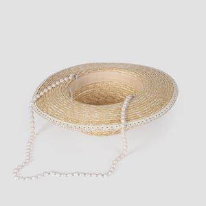 Primavera Verão Estilo francês Pérolas Cadeia Palha Flat Top Chapéu De Palha Proteção Solar Praia Chapéu Para As Mulheres - Product Image 6