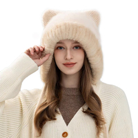 Luxuriöse Damen-Handstrickmütze aus Wollmischung mit Nerz- und Fuchsfellbesatz Winter-Beanie Warm Thermisch Ohrenschutz Modisch Funktional