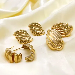 Unique Irregular Stainless Steel Hoop Indian Earrings Jewelry Gold Plated Wide Multi-Lines Twisted Earring Stud Making Supplies