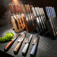 Ensemble de 6 couteaux de cuisine de haute qualité en acier inoxydable allemand avec manche en bois Pakka classique, finition laser, ambidextres, avec bloc de rangement