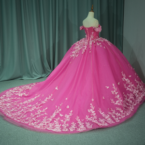 Vestido de Fiesta de Quinceañera con Cintura Natural, Bordado y Pedrería de Flores 3D en Color Fucsia Único, Modelo 6771 - Product Image 4