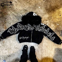 YOUMI Sweat à capuche zippé personnalisé, 100% Coton, Grammage lourd, Style streetwear, Effet vieilli, Coupe courte, Délavé à l'acide, Surdimensionné, avec lettres et strass, Collection Automne, ODM