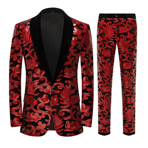 Costume de deux pièces pour hommes, <span class=keywords><strong>veste</strong></span> de costume de chanteur de DJ de scène de bal de mariage en velours de couleur <span class=keywords><strong>bordeaux</strong></span> à paillettes florales - Product Image 1