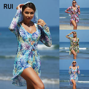 RUIQUWIN Women's XL High Waisted Bikini Set Floral Front Push Long Sleeved <b>Mesh</b> <b>Cover</b> Hooded <b>Beach</b> Swimwear Plus Vacation Wear - Product Image 1