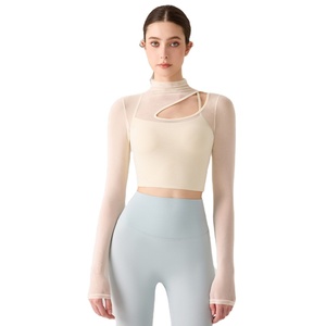 Camiseta de malla transpirable de manga larga con cuello alto pequeño y diseño hueco, estilo deportivo, sexy y a la moda, para yoga - Product Image 4