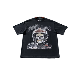 Camiseta negra de manga corta con cuello redondo y estampado de estrella Skull Helmet Hell Street para hombre, estilo urbano, corte regular, jersey de algodón - Product Image 2