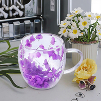 Tasse à fleurs en verre borosilicate à double paroi, style classique, 250/350 ml, design fleurs séchées, avec poignée, réutilisable, passe au lave-vaisselle