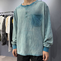 T-shirt Henley pour homme en tricot gaufré délavé à l'acide, effet vieilli, avec poche déchirée, coupe oversize, manches longues, style streetwear vintage
