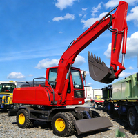 Mini-excavatrice sur roues agricole avec marteau hydraulique, attache rapide, moteur, chenilles en acier et benne de rétrocaveuse