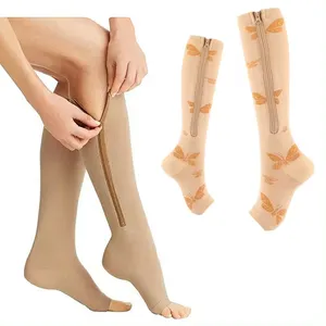 Calze da donna con cerniera in rame al ginocchio medicale 20-30 Mmhg compressione a punta aperta senza cuciture per le vene Varicose sportive