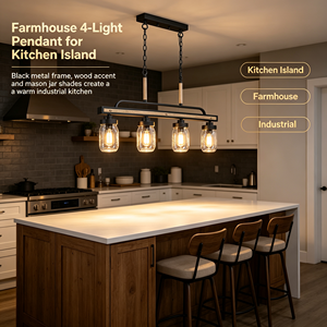 Lampadario Lineare a 4 Luci in Vetro Mason Jar, Nero <span class=keywords><strong>Metallo</strong></span> e Legno Venato, Stile Rustico, <span class=keywords><strong>per</strong></span> Hotel, Sala da Pranzo, Isola Cucina - Product Image 1