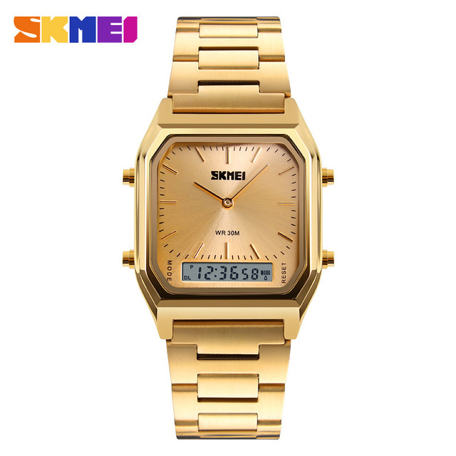 Men's Fashion Casual Gold Quartz Watches LED Digital Dual Time Sport Watches Waterproof Wristwatch SKMEI 1220