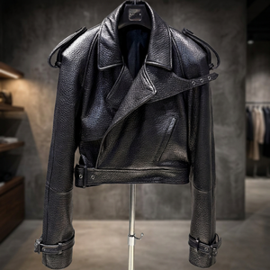 Blouson de motard en cuir d'agneau véritable noir pour femme, col rabattu, fermeture éclair, épaulettes, vente en gros, fournisseur de LOGO personnalisé - Product Image 3