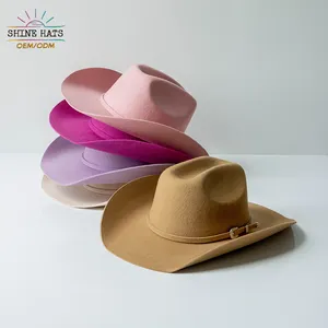 Shinehats OEM yeni tasarımcı varış özel kovboy kadınlar renkli damla Roll Up ağız Unisex nefes halat bant yün fötr şapkalar