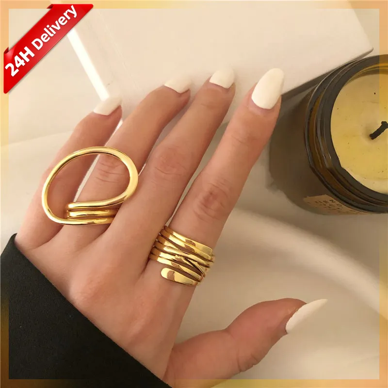 HOVANCI European Hips Hops Jewelry Exaggerated Geometric Open Ring Statement Gold Plated Irregular Twist Finger Ring
