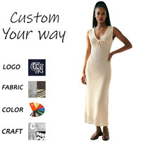 Robe midi en maille sans manches à col en V pour femme, taille empire, avec nœud, ajourée, moulante, ourlet festonné, robe d'été pour femme