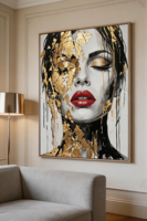 Peinture à l'huile sur toile abstraite moderne originale, faite à la main, avec feuille d'or, portrait, taille personnalisée, cadre en bois, art décoratif pour salon