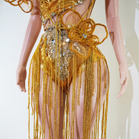 Combinaison à franges florales en or TianYi, style asymétrique 3D, avec strass, pour spectacle de showgirl