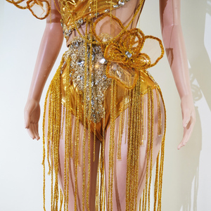 Combinaison à franges florales en or TianYi, style <span class=keywords><strong>asymétrique</strong></span> 3D, avec strass, pour spectacle de showgirl - Product Image 6