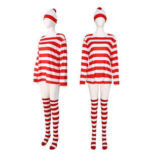 Disfraz de Where's Waldo para mujer, camiseta de manga larga a rayas rojas y blancas, pantimedias, sombrero, disfraz de Halloween, juego de rol - Product Image 5