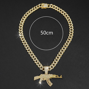 Collier unisexe style hip-hop plaqué or, motif papillon et pistolet mitrailleur AK, chaîne à maillons en alliage, diamant cubain - Product Image 6